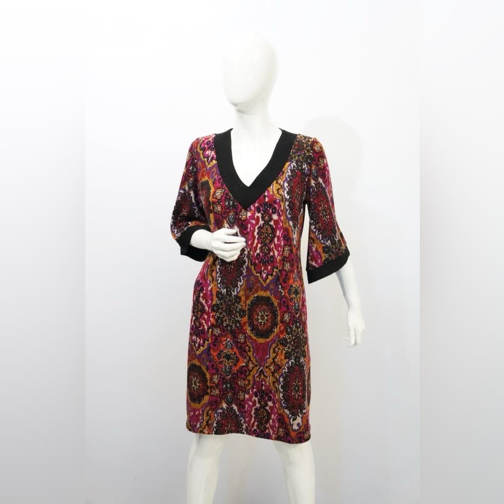 NWOT Tiana B. Boho Medallion Paisley Print Shift Midi Dress Large Retro V-Neck