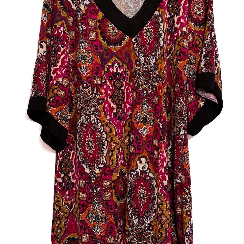 NWOT Tiana B. Boho Medallion Paisley Print Shift Midi Dress Large Retro V-Neck - Thumbnail 14