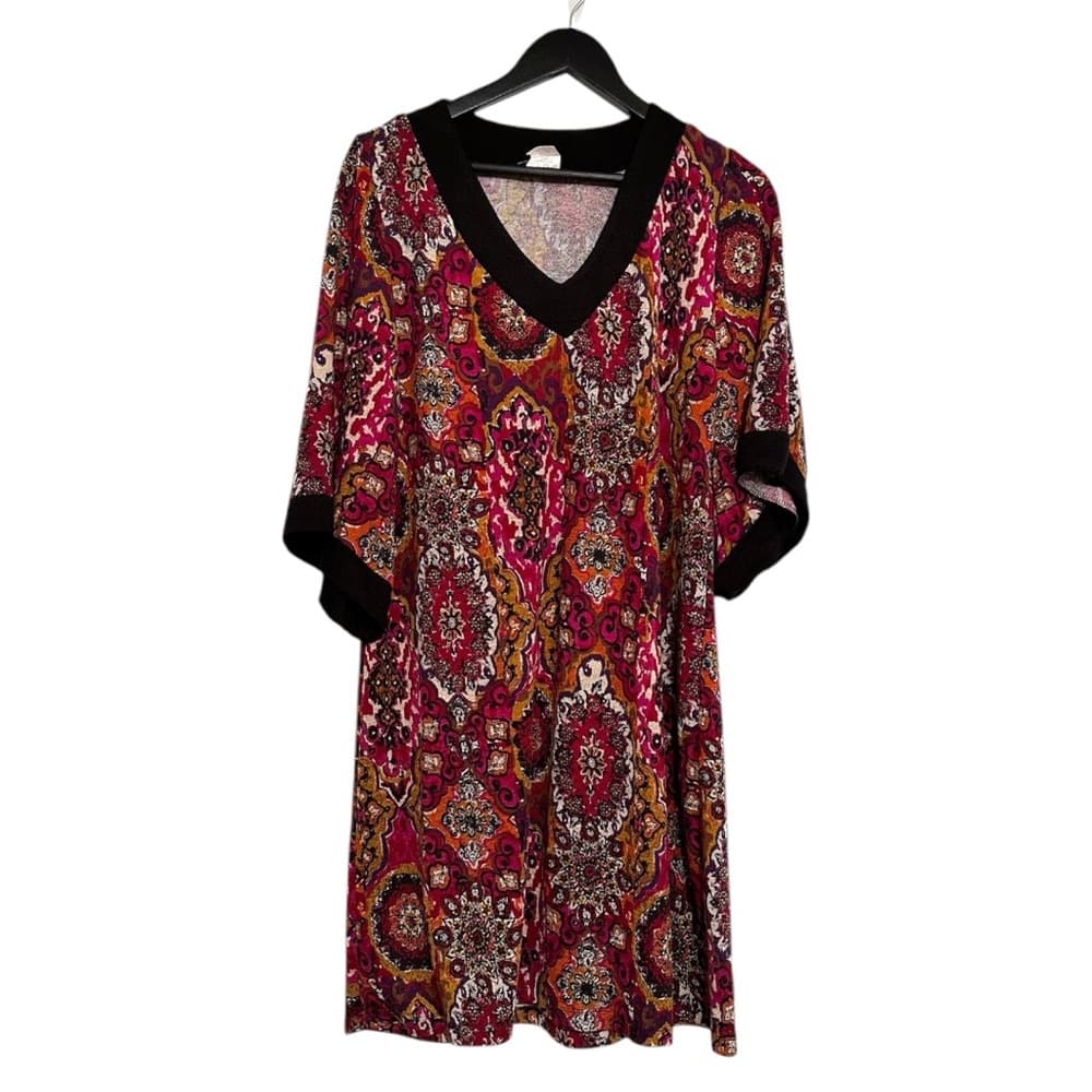 NWOT Tiana B. Boho Medallion Paisley Print Shift Midi Dress Large Retro V-Neck - Thumbnail 4