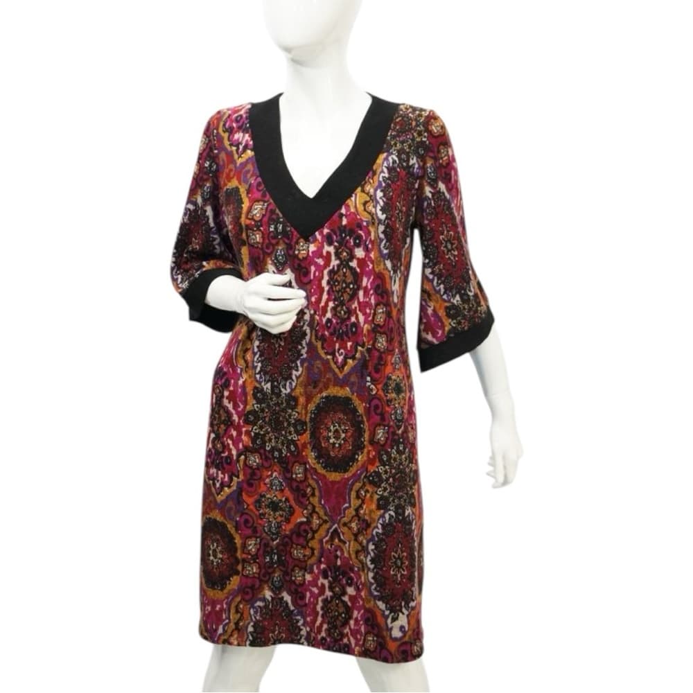 NWOT Tiana B. Boho Medallion Paisley Print Shift Midi Dress Large Retro V-Neck - Thumbnail 16