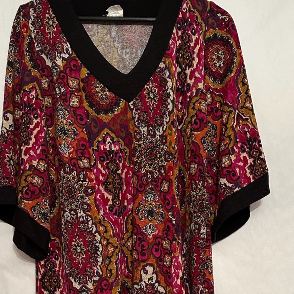 NWOT Tiana B. Boho Medallion Paisley Print Shift Midi Dress Large Retro V-Neck - Thumbnail 11