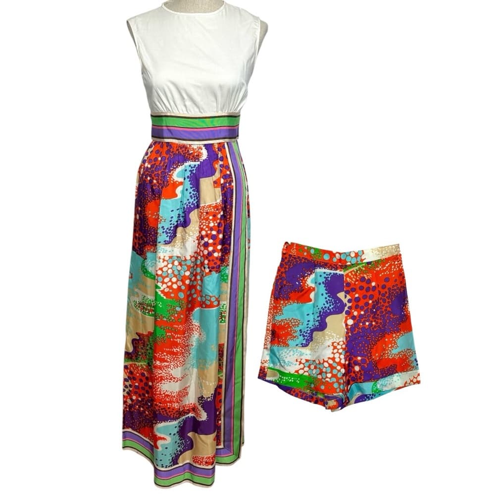 Vintage 1970s Psychedelic Dress Set Union Made ILGWU Maxi & Shorts RARE - Thumbnail 16