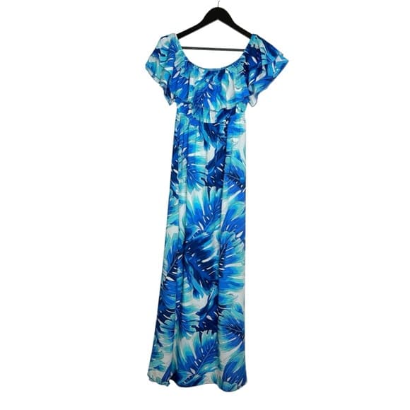 Velvet Torch Blue Tropical Ruffle Off Shoulder Maxi Dress Size Large Resortwear - Thumbnail 10