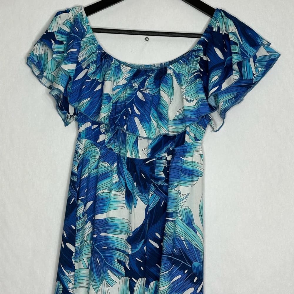 Velvet Torch Blue Tropical Ruffle Off Shoulder Maxi Dress Size Large Resortwear