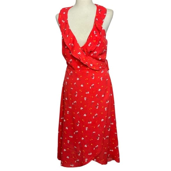 NWT Lumiere Red Floral Wrap Style Sleeveless Midi Dress Size Large - Thumbnail 16