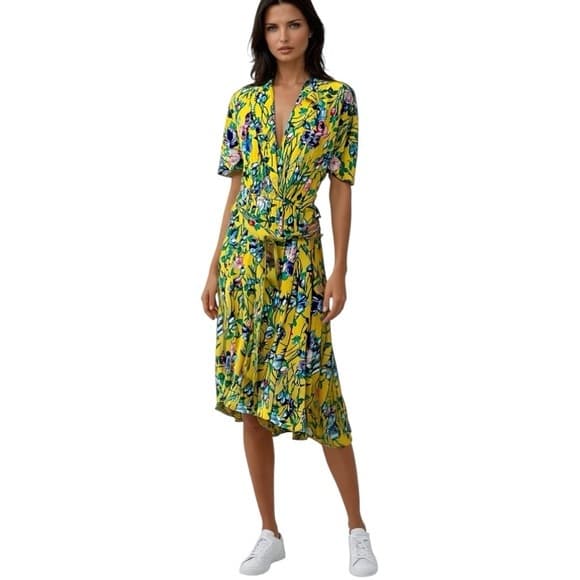 Michelle Stuart Vintage Yellow Floral Dress Shoulder Pads and Belt Size 6 - Thumbnail 9