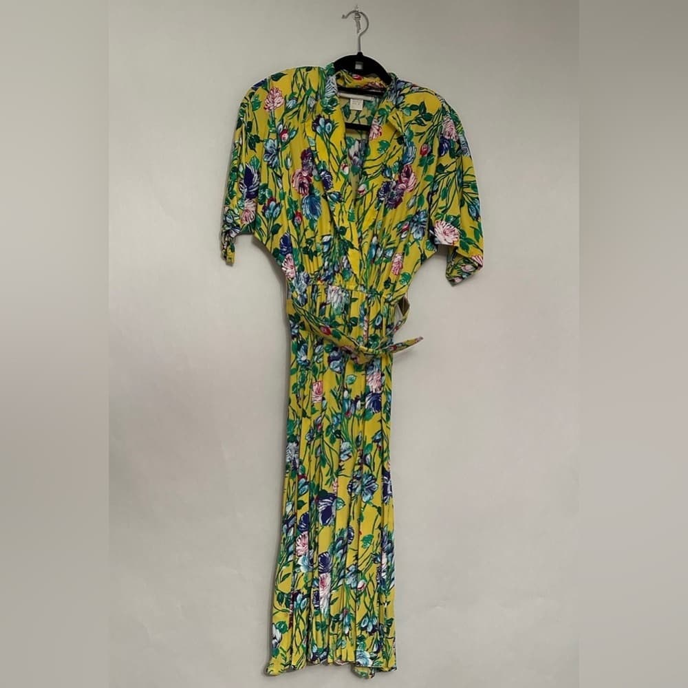 Michelle Stuart Vintage Yellow Floral Dress Shoulder Pads and Belt Size 6 - Thumbnail 2