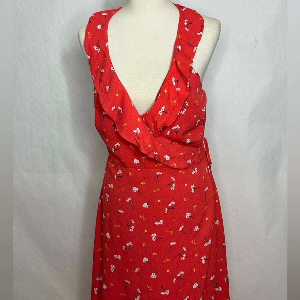 NWT Lumiere Red Floral Wrap Style Sleeveless Midi Dress Size Large - Thumbnail 6
