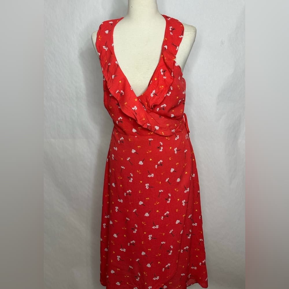 NWT Lumiere Red Floral Wrap Style Sleeveless Midi Dress Size Large