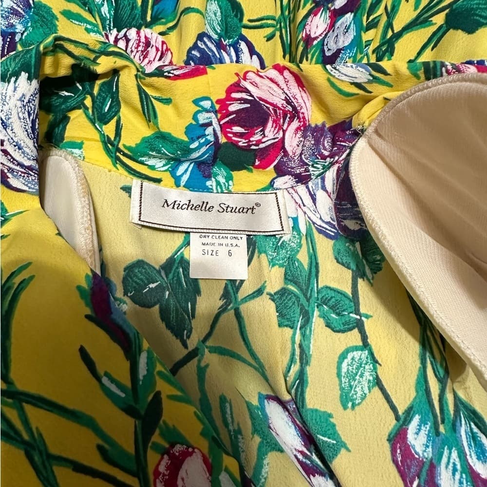 Michelle Stuart Vintage Yellow Floral Dress Shoulder Pads and Belt Size 6 - Thumbnail 4
