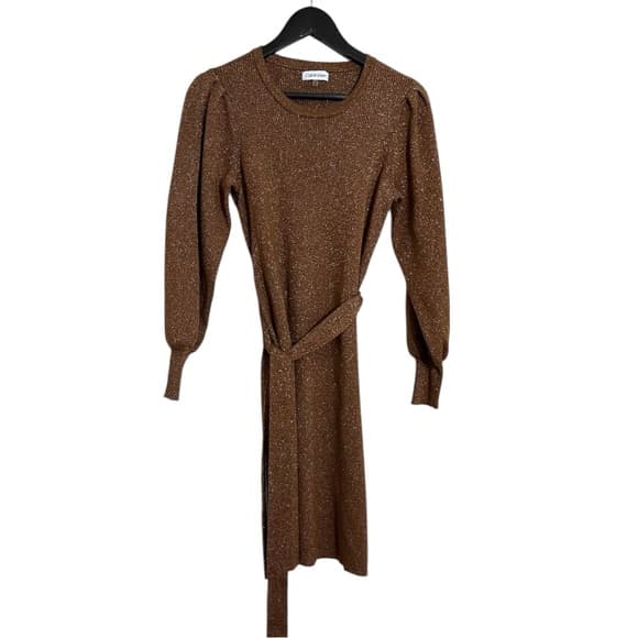 Calvin Klein Bronze Metallic Knit Tie Waist Puff Sleeve Sweater Dress Size Small - Thumbnail 8