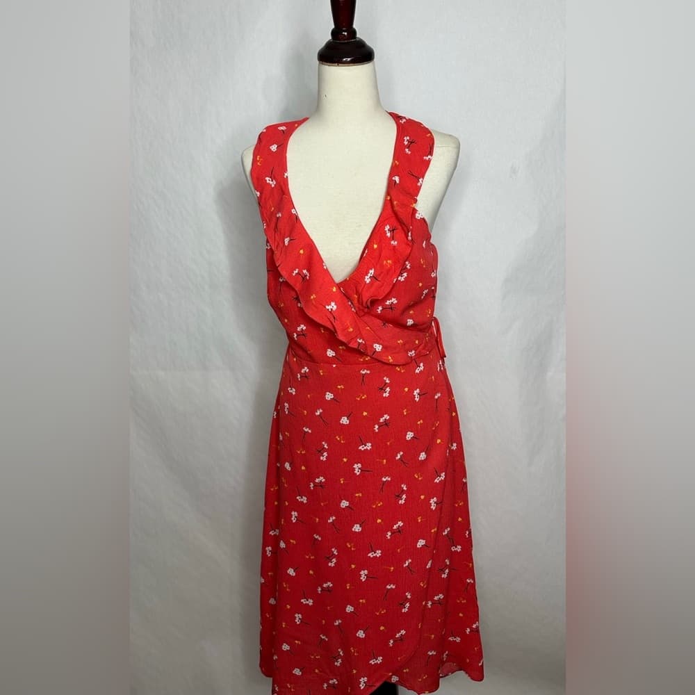 NWT Lumiere Red Floral Wrap Style Sleeveless Midi Dress Size Large - Thumbnail 9
