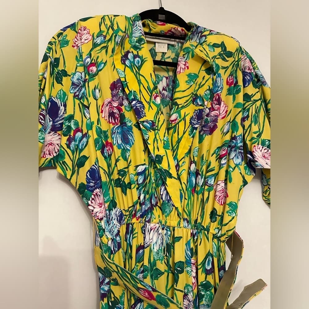 Michelle Stuart Vintage Yellow Floral Dress Shoulder Pads and Belt Size 6 - Thumbnail 5