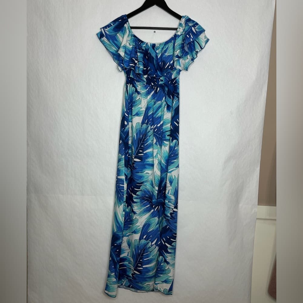 Velvet Torch Blue Tropical Ruffle Off Shoulder Maxi Dress Size Large Resortwear - Thumbnail 2