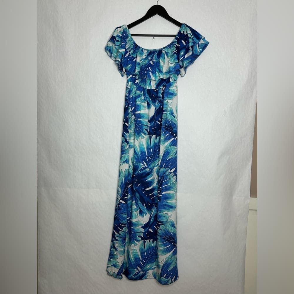 Velvet Torch Blue Tropical Ruffle Off Shoulder Maxi Dress Size Large Resortwear - Thumbnail 3
