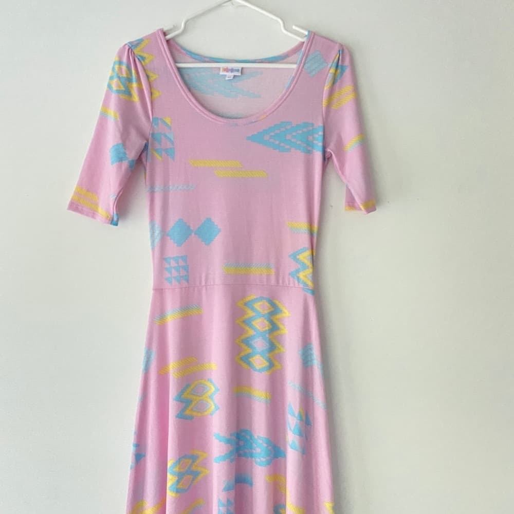 Modest Maxi Dress Light Pink with Geometric Shapes Lularoe Ana Dress | Size XS - Thumbnail 2