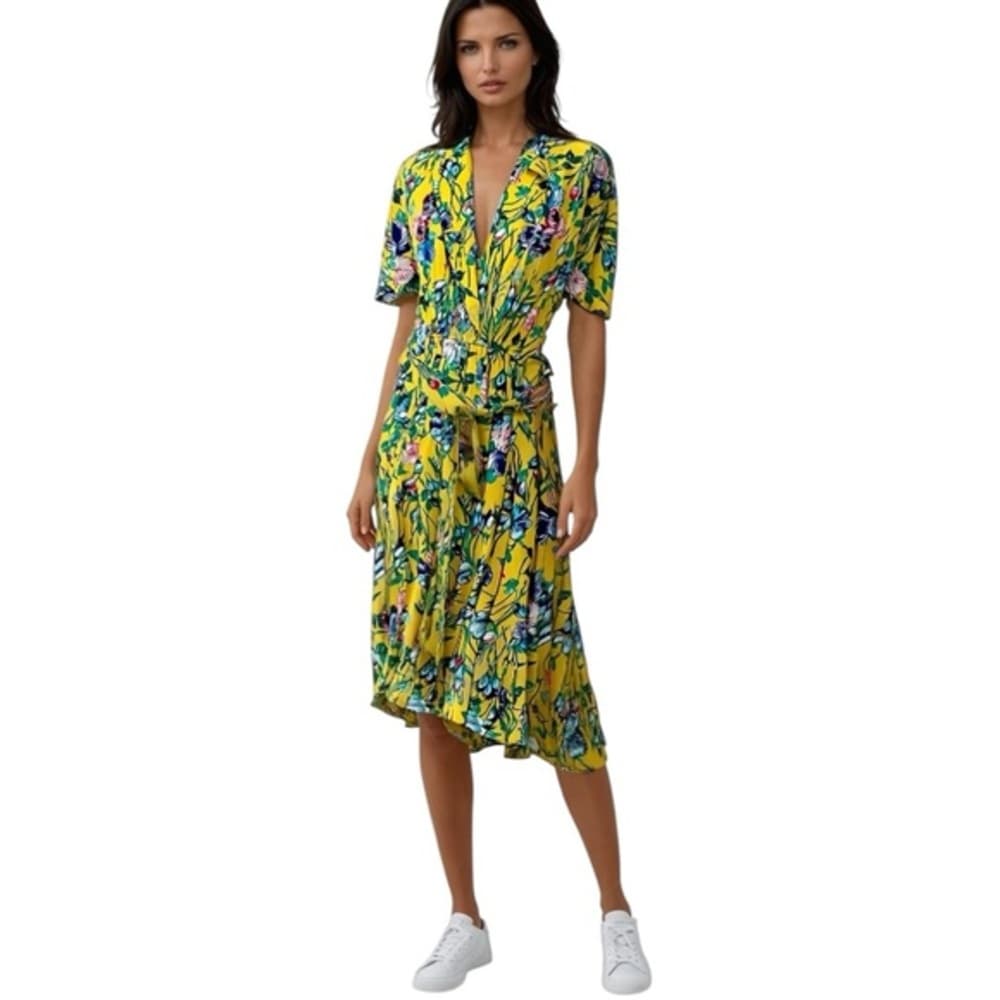 Michelle Stuart Vintage Yellow Floral Dress Shoulder Pads and Belt Size 6 - Thumbnail 8