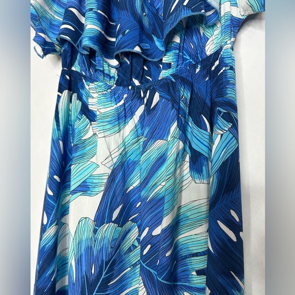 Velvet Torch Blue Tropical Ruffle Off Shoulder Maxi Dress Size Large Resortwear - Thumbnail 4