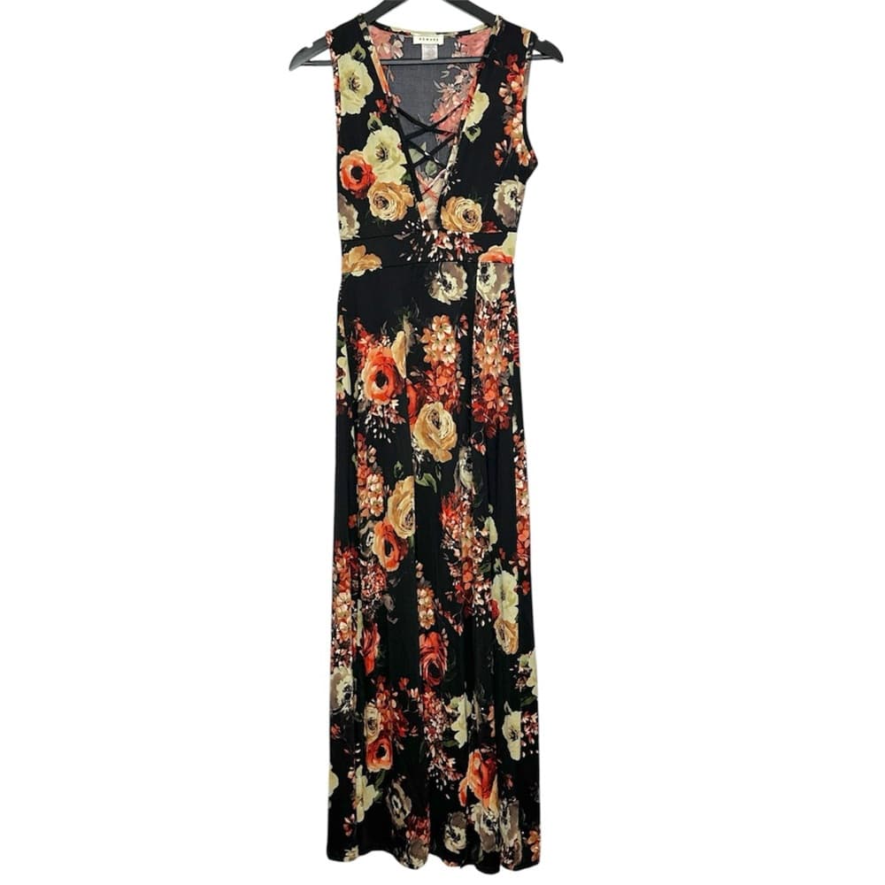 Beware Black Dark Floral Sleeveless Maxi Dress Size Medium Crisscross Front - Thumbnail 2