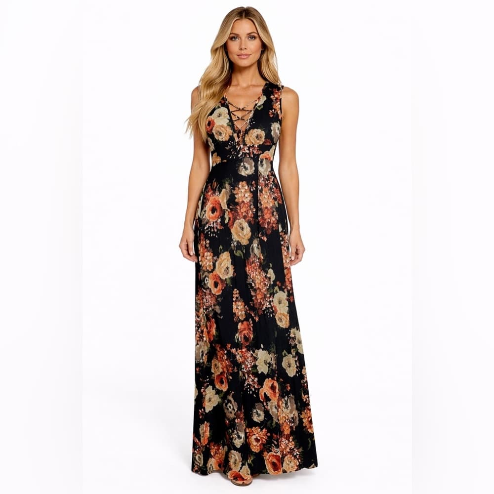 Beware Black Dark Floral Sleeveless Maxi Dress Size Medium Crisscross Front
