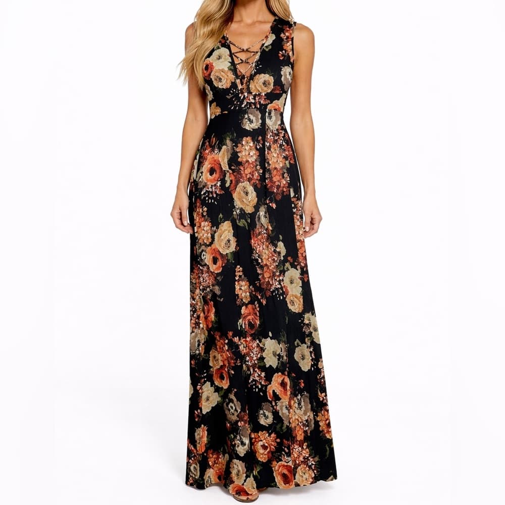 Beware Black Dark Floral Sleeveless Maxi Dress Size Medium Crisscross Front - Thumbnail 10