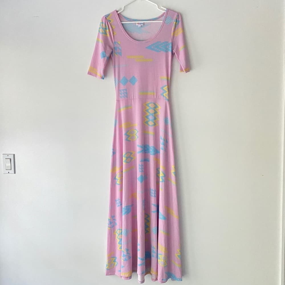 Modest Maxi Dress Light Pink with Geometric Shapes Lularoe Ana Dress | Size XS - Thumbnail 3