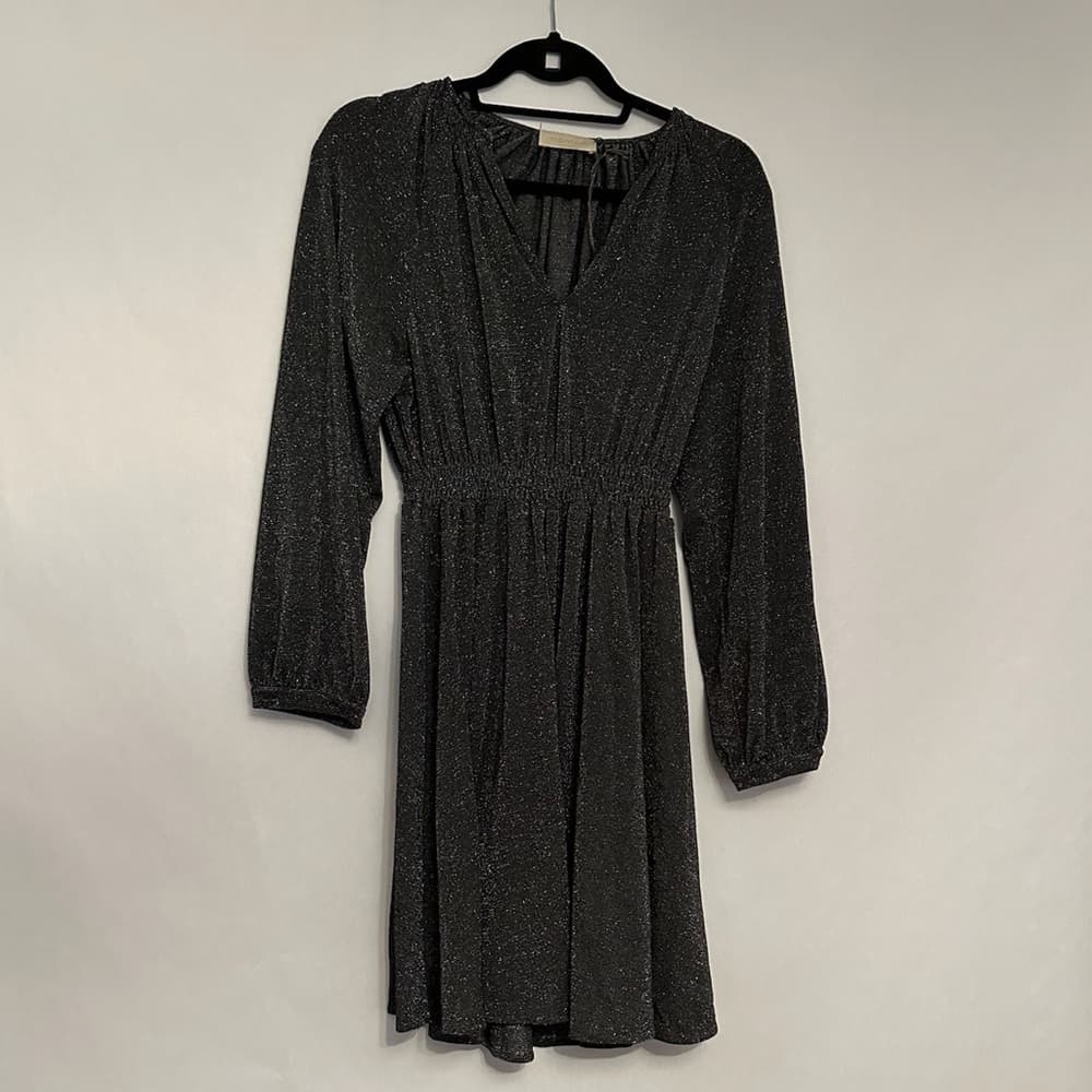 Momoni Black Silver Metallic Long Sleeve Gathered Waist Dress IT 40 / US 2 NWOT - Thumbnail 3