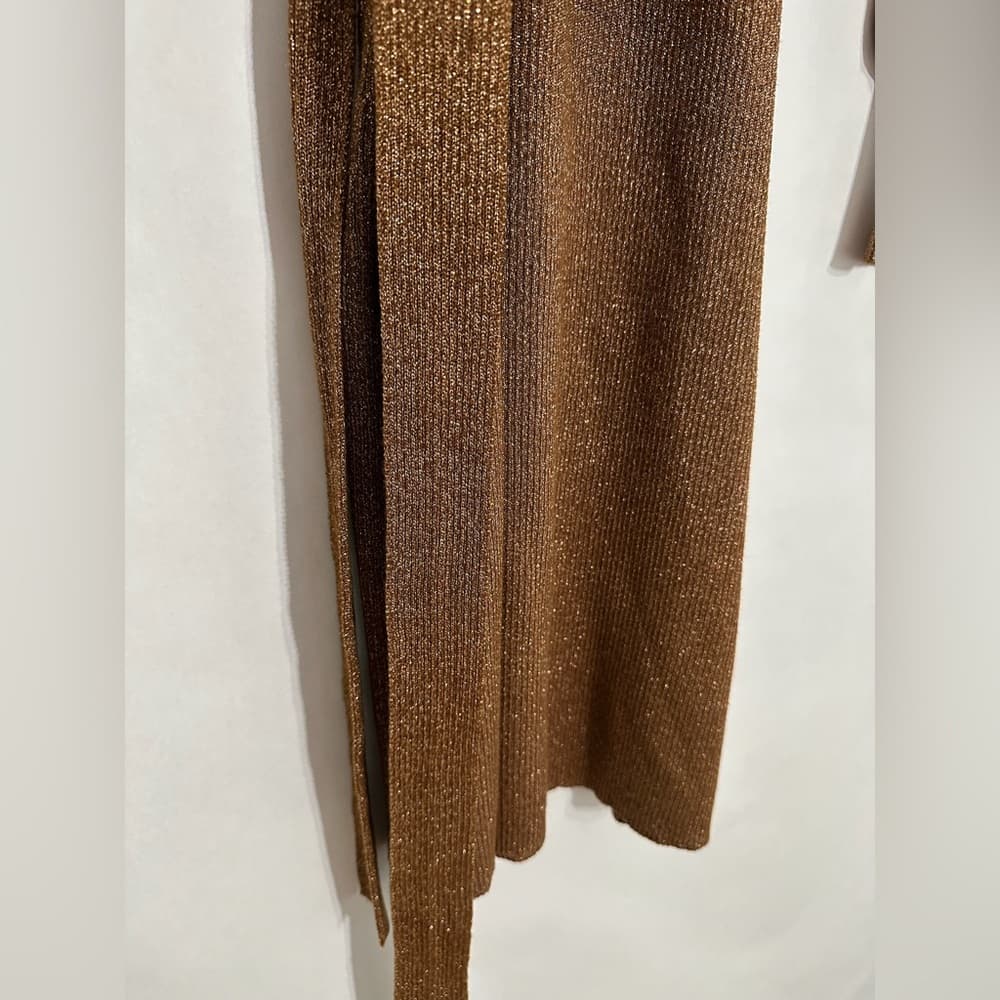 Calvin Klein Bronze Metallic Knit Tie Waist Puff Sleeve Sweater Dress Size Small - Thumbnail 5
