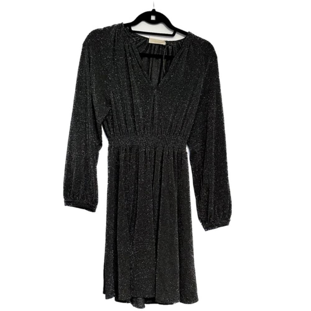 Momoni Black Silver Metallic Long Sleeve Gathered Waist Dress IT 40 / US 2 NWOT - Thumbnail 2