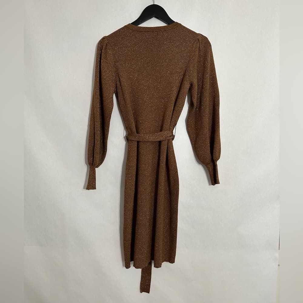 Calvin Klein Bronze Metallic Knit Tie Waist Puff Sleeve Sweater Dress Size Small - Thumbnail 6