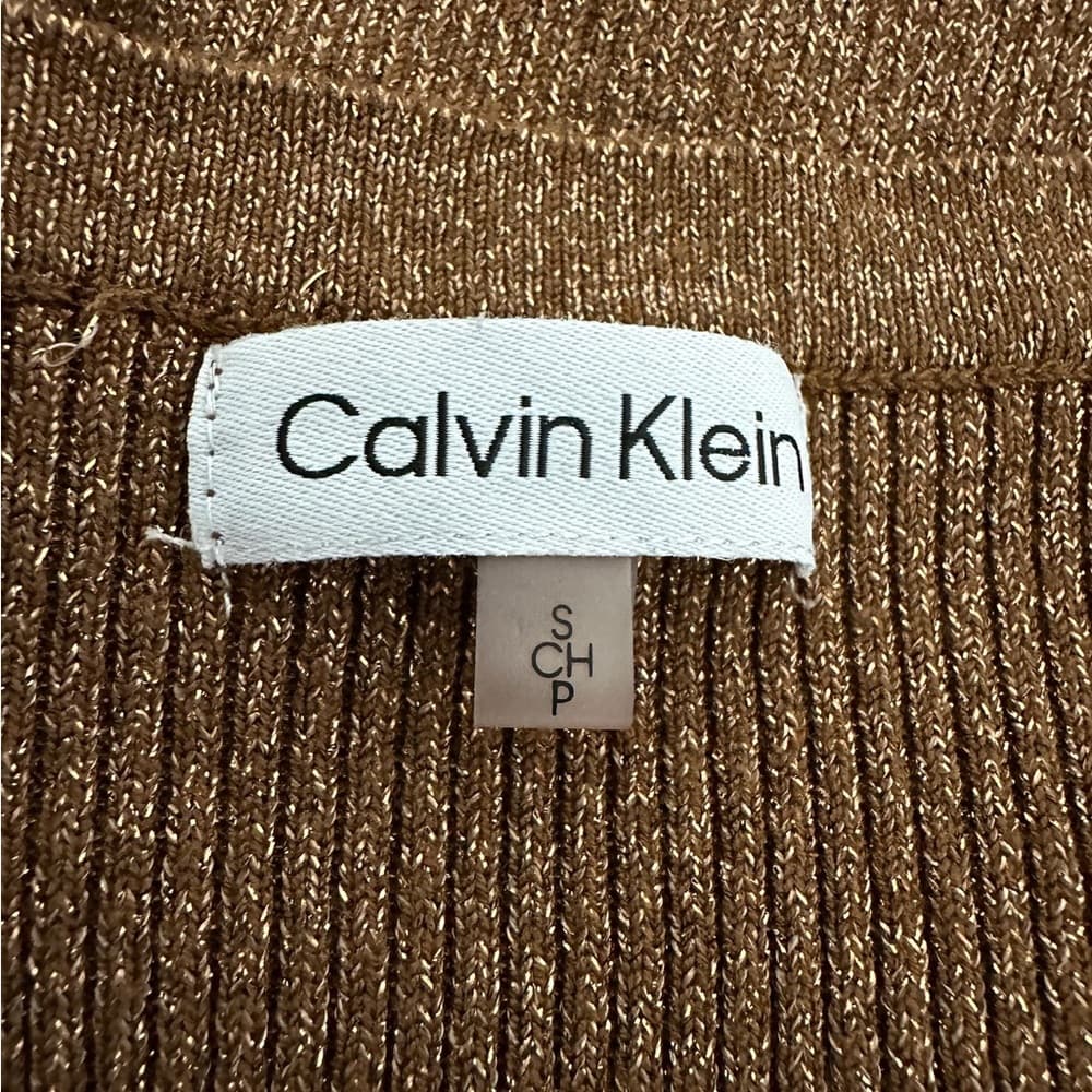 Calvin Klein Bronze Metallic Knit Tie Waist Puff Sleeve Sweater Dress Size Small - Thumbnail 3