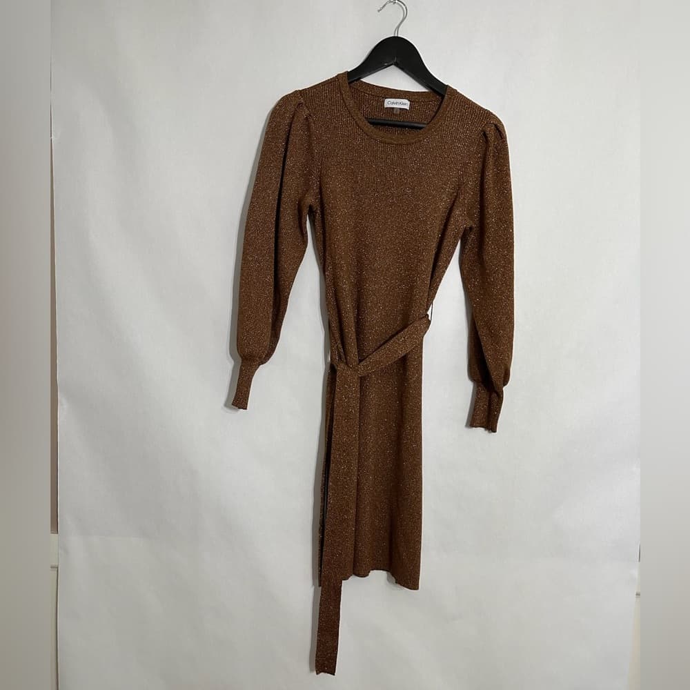 Calvin Klein Bronze Metallic Knit Tie Waist Puff Sleeve Sweater Dress Size Small - Thumbnail 4