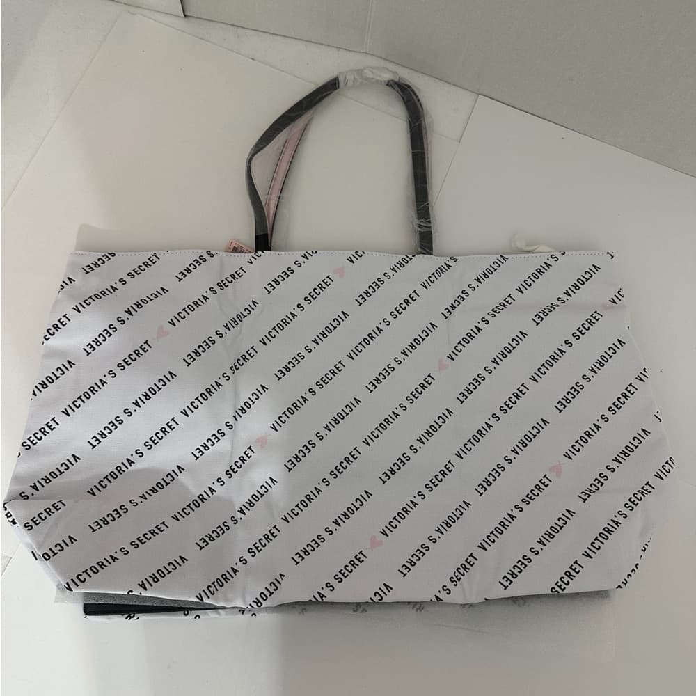 NWT Victoria’s Secret Oversized Logo Canvas Tote Bag Black White Weekender Beach
