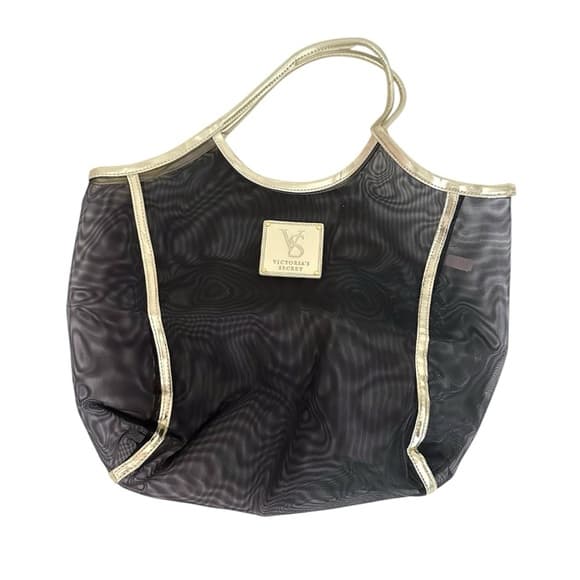 Victoria’s Secret Black Sheer Mesh Tote with Gold Trim – Carryall Bag - Thumbnail 8