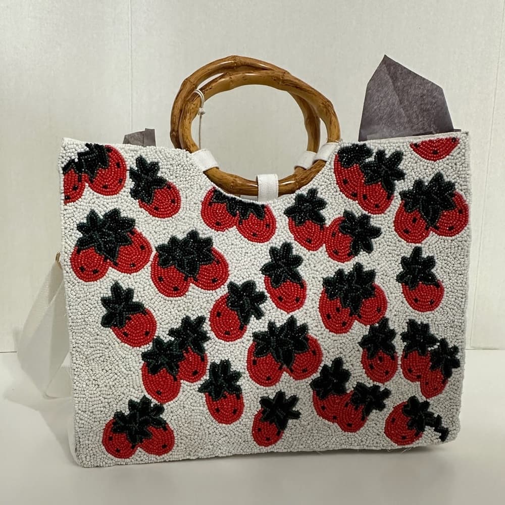 NWT Sol + Mer Strawberry Beaded Viral Purse Handbag Bamboo Handles White Strap - Thumbnail 7
