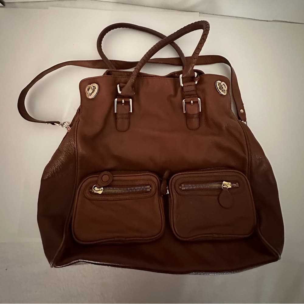 Elliot Lucca Cognac Brown Leather Oversized Satchel Tote w Pockets Y2K Vintage