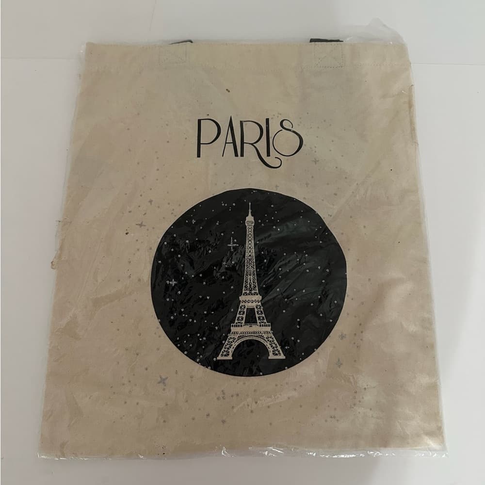 NEW Paris Eiffel Tower Canvas Tote Bag Beige with Black Handles Gift for Her - Thumbnail 3