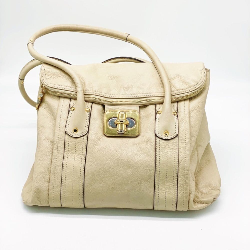 B. Makowsky Oversized Cream Leather Tote Bag Gold Hardware Large Shoulder Purse - Thumbnail 2