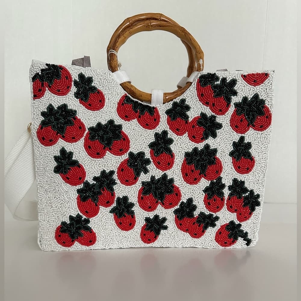NWT Sol + Mer Strawberry Beaded Viral Purse Handbag Bamboo Handles White Strap - Thumbnail 2