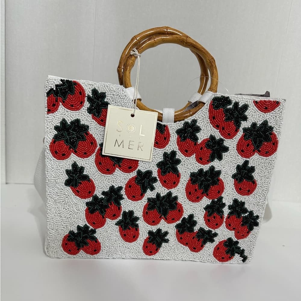 NWT Sol + Mer Strawberry Beaded Viral Purse Handbag Bamboo Handles White Strap - Thumbnail 14