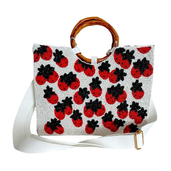 NWT Sol + Mer Strawberry Beaded Viral Purse Handbag Bamboo Handles White Strap - Thumbnail 16