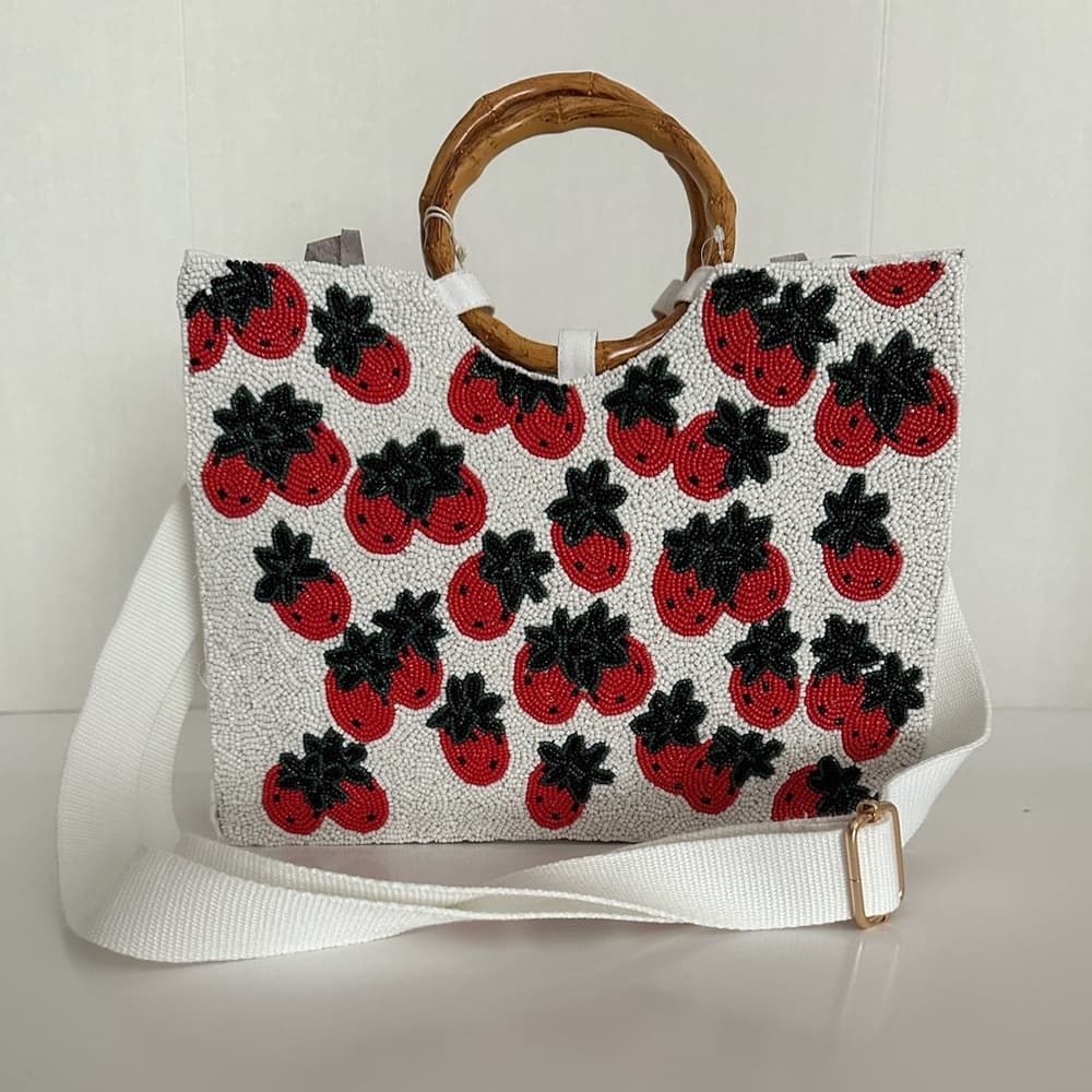 NWT Sol + Mer Strawberry Beaded Viral Purse Handbag Bamboo Handles White Strap