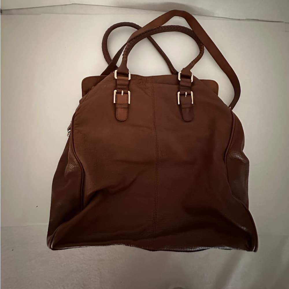 Elliot Lucca Cognac Brown Leather Oversized Satchel Tote w Pockets Y2K Vintage - Thumbnail 5