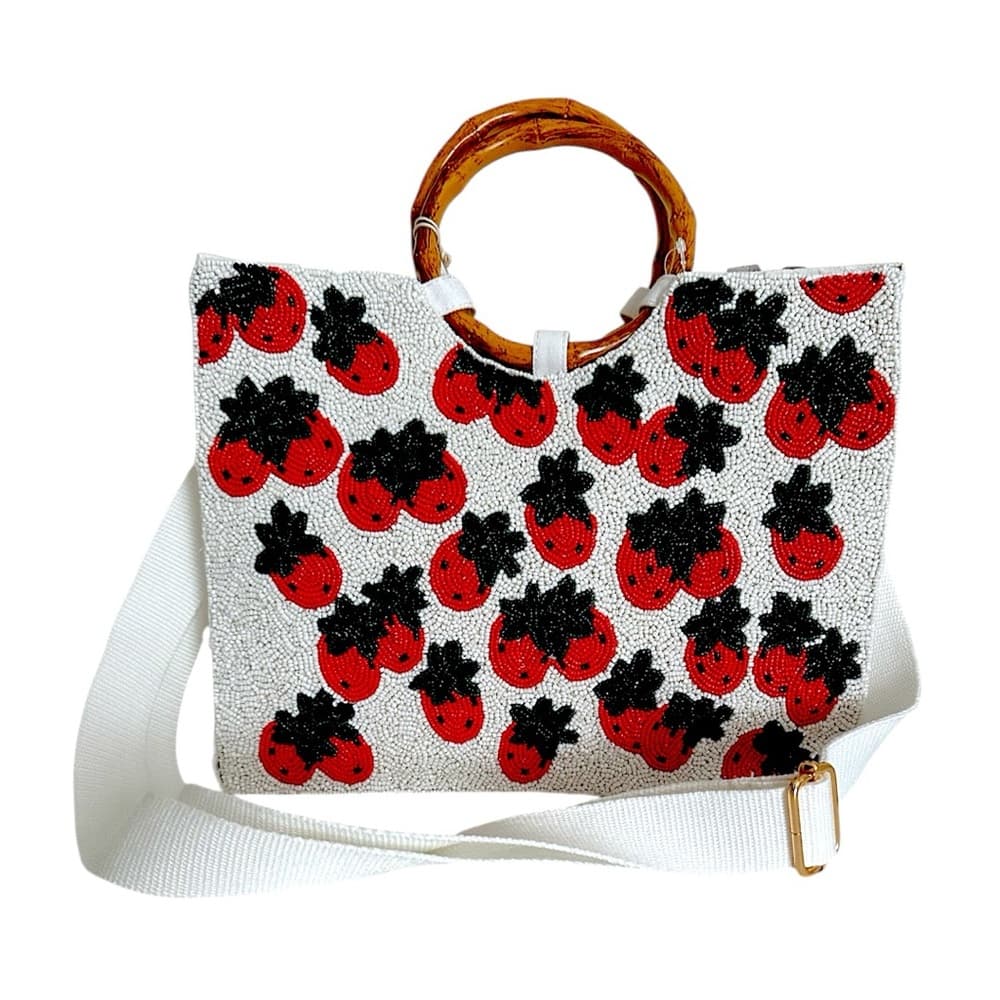 NWT Sol + Mer Strawberry Beaded Viral Purse Handbag Bamboo Handles White Strap - Thumbnail 15