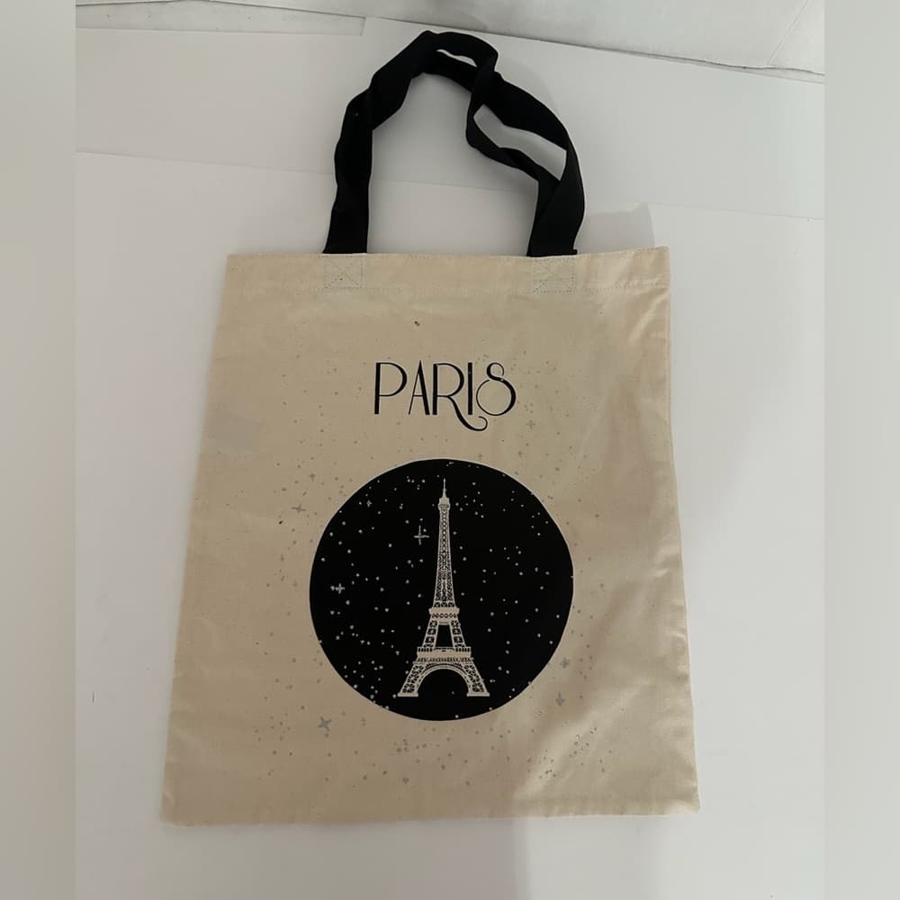 NEW Paris Eiffel Tower Canvas Tote Bag Beige with Black Handles Gift for Her - Thumbnail 2