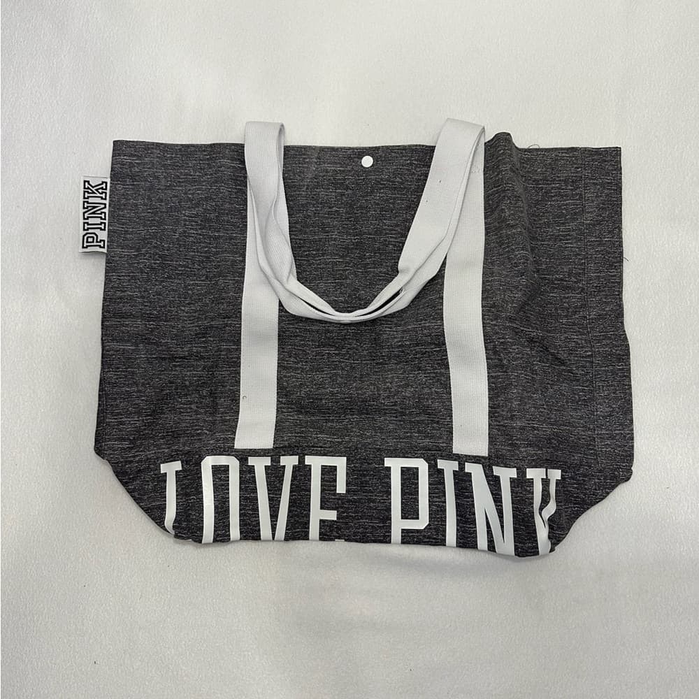 NEW PINK Victoria’s Secret Grey White Canvas Tote Bag Snap Travel Minimalist - Thumbnail 7