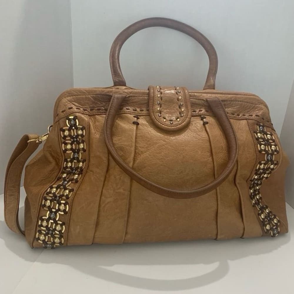Isabella Fiore Leather Satchel Handbag Studded Boho Y2K Purse Beaded Bag - Thumbnail 5