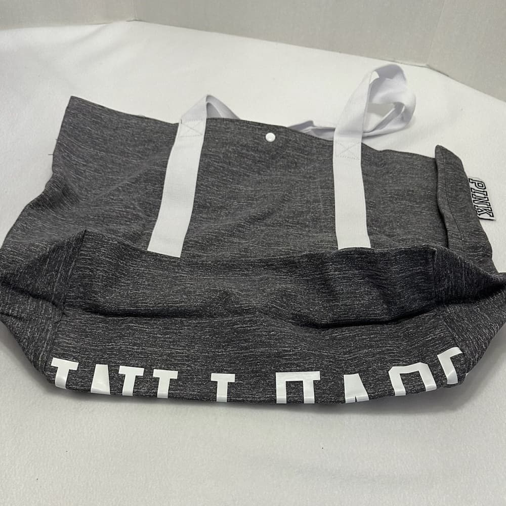 NEW PINK Victoria’s Secret Grey White Canvas Tote Bag Snap Travel Minimalist - Thumbnail 6