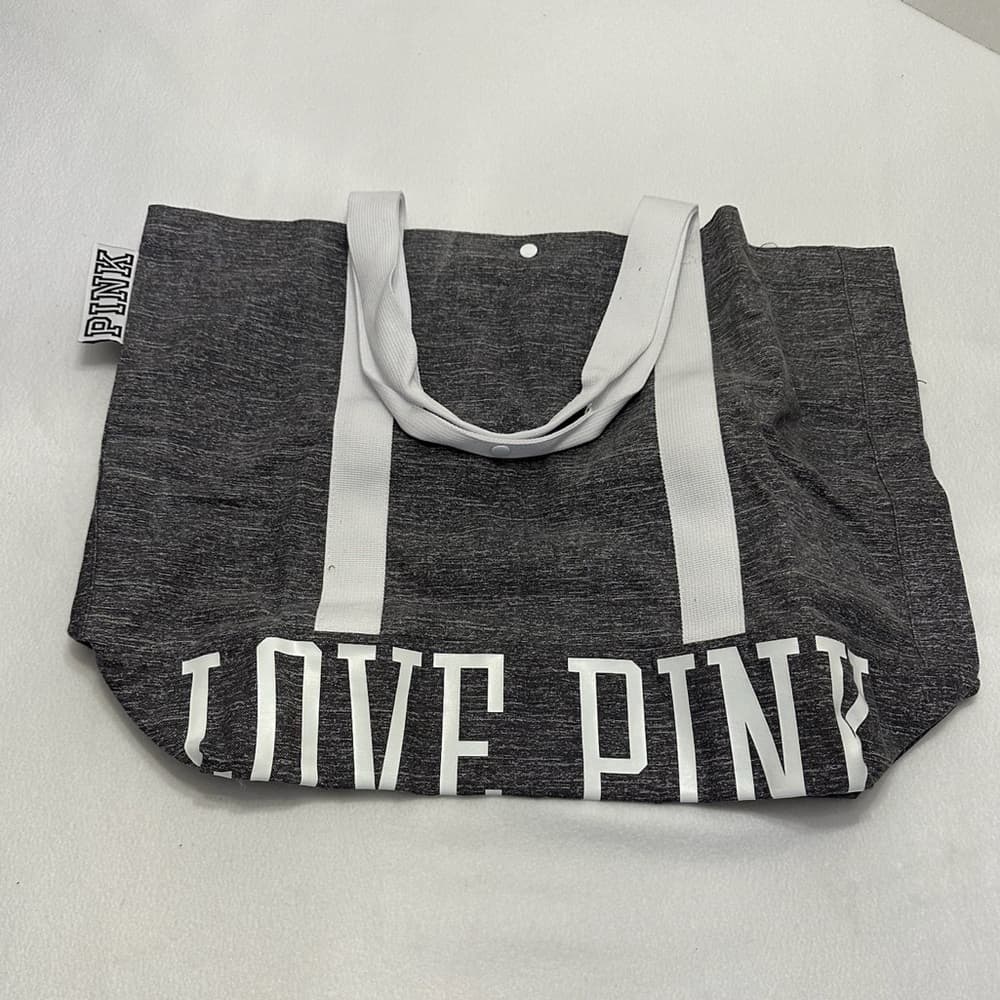 NEW PINK Victoria’s Secret Grey White Canvas Tote Bag Snap Travel Minimalist - Thumbnail 10