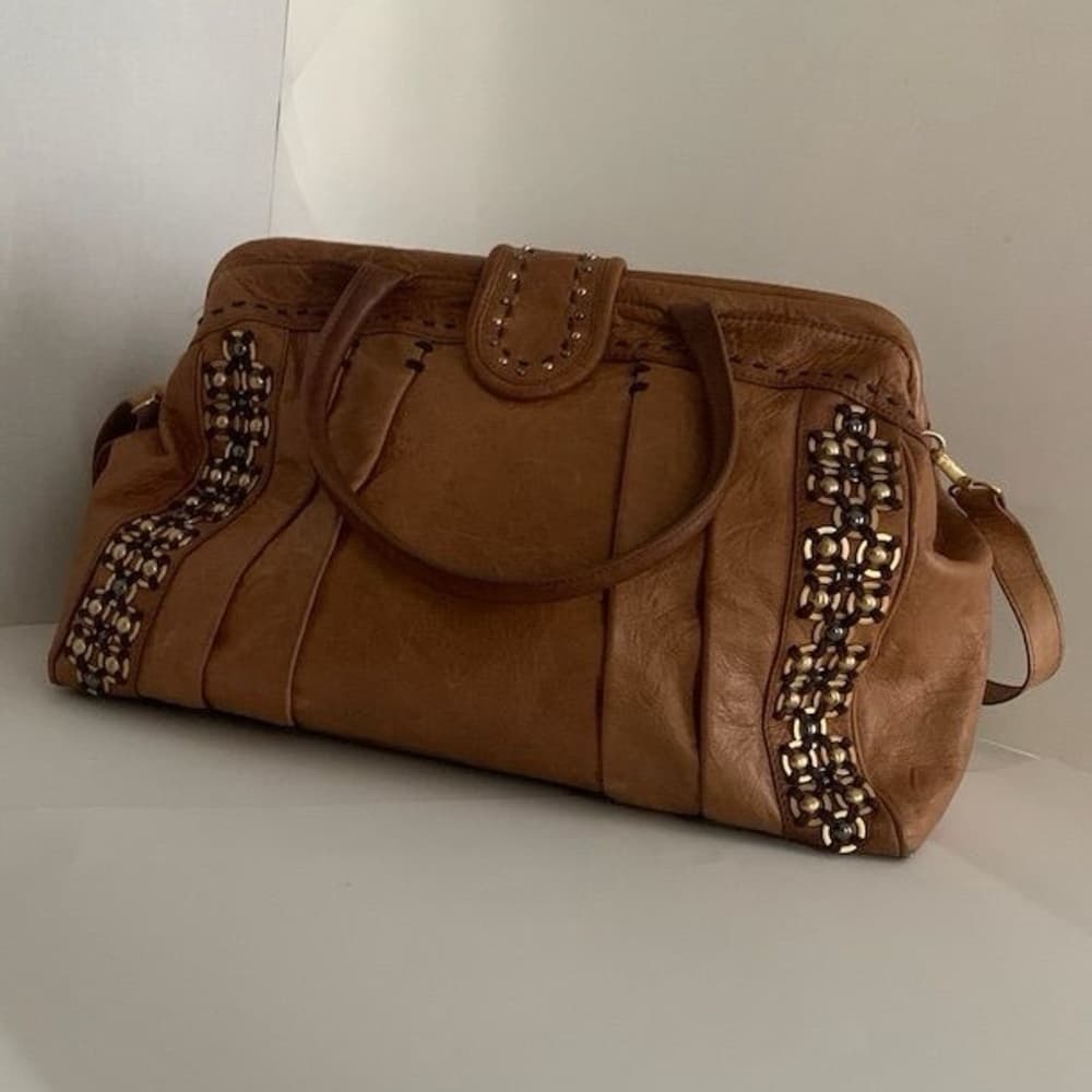 Isabella Fiore Leather Satchel Handbag Studded Boho Y2K Purse Beaded Bag - Thumbnail 13